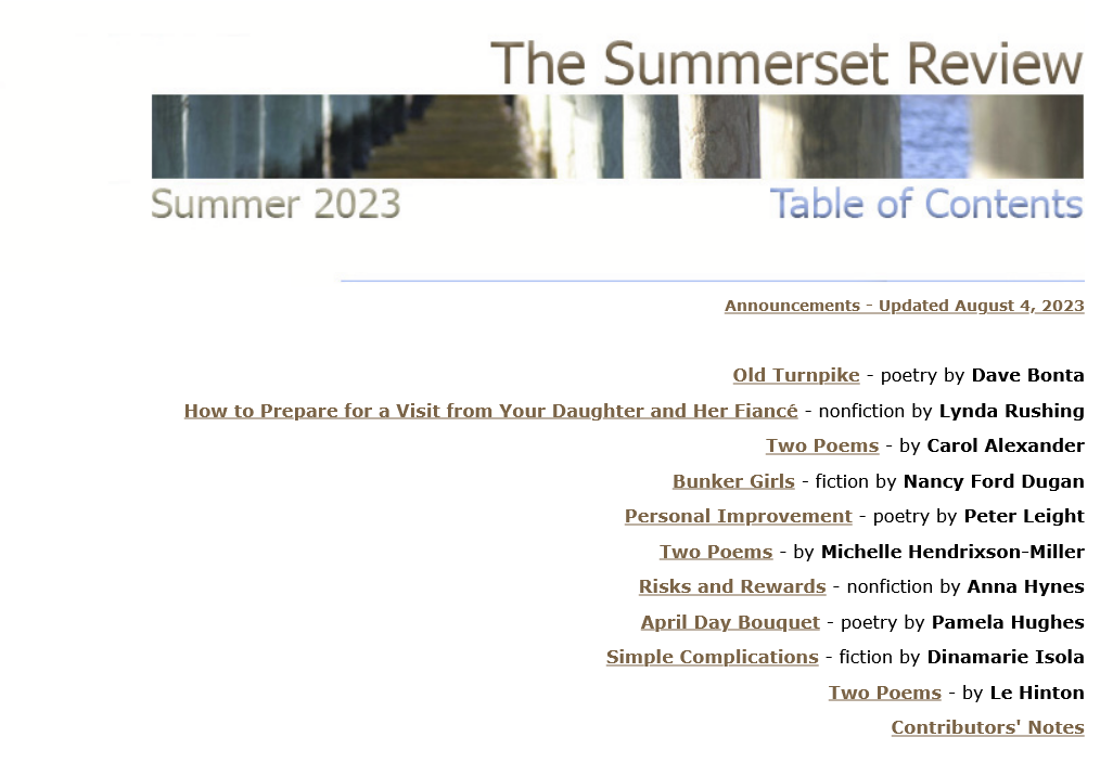Screenshot of The Summerset Review - masthead and Table of Contents