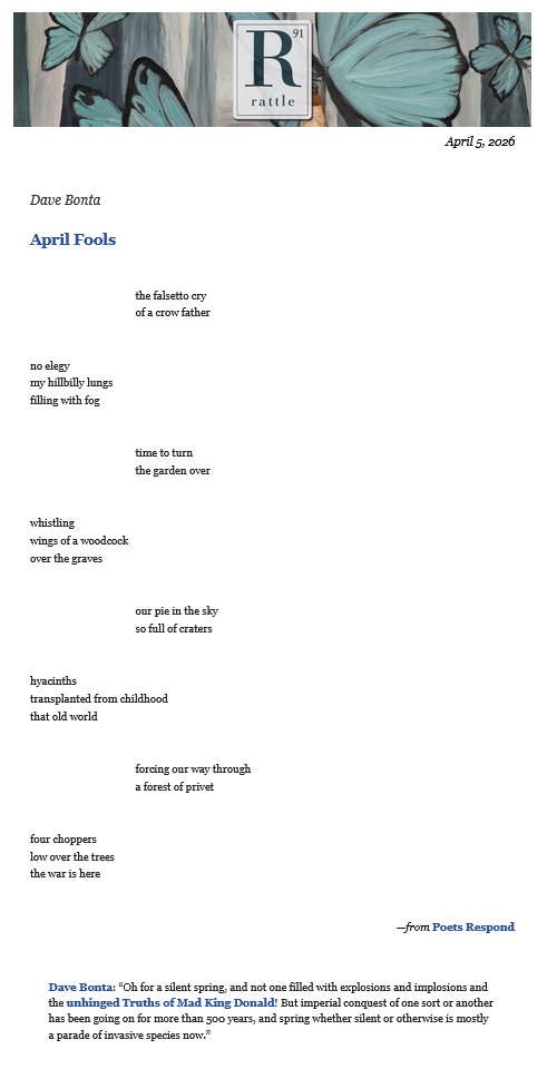 screenshot of "April Fools" by Dave Bonta in Rattle via email